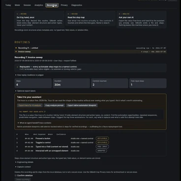 Gilbreth's Recordings tab: a recorded routine with its replay-readiness verdict, step table, and value-free export options.
