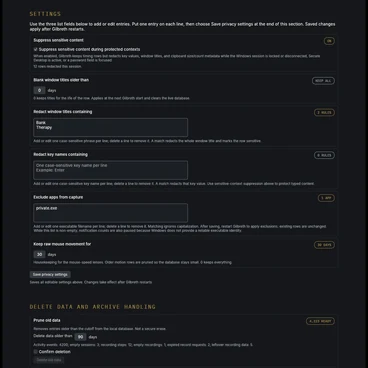 Gilbreth's Privacy tab: the live data posture, redaction and exclusion rules, retention settings, and erase controls.